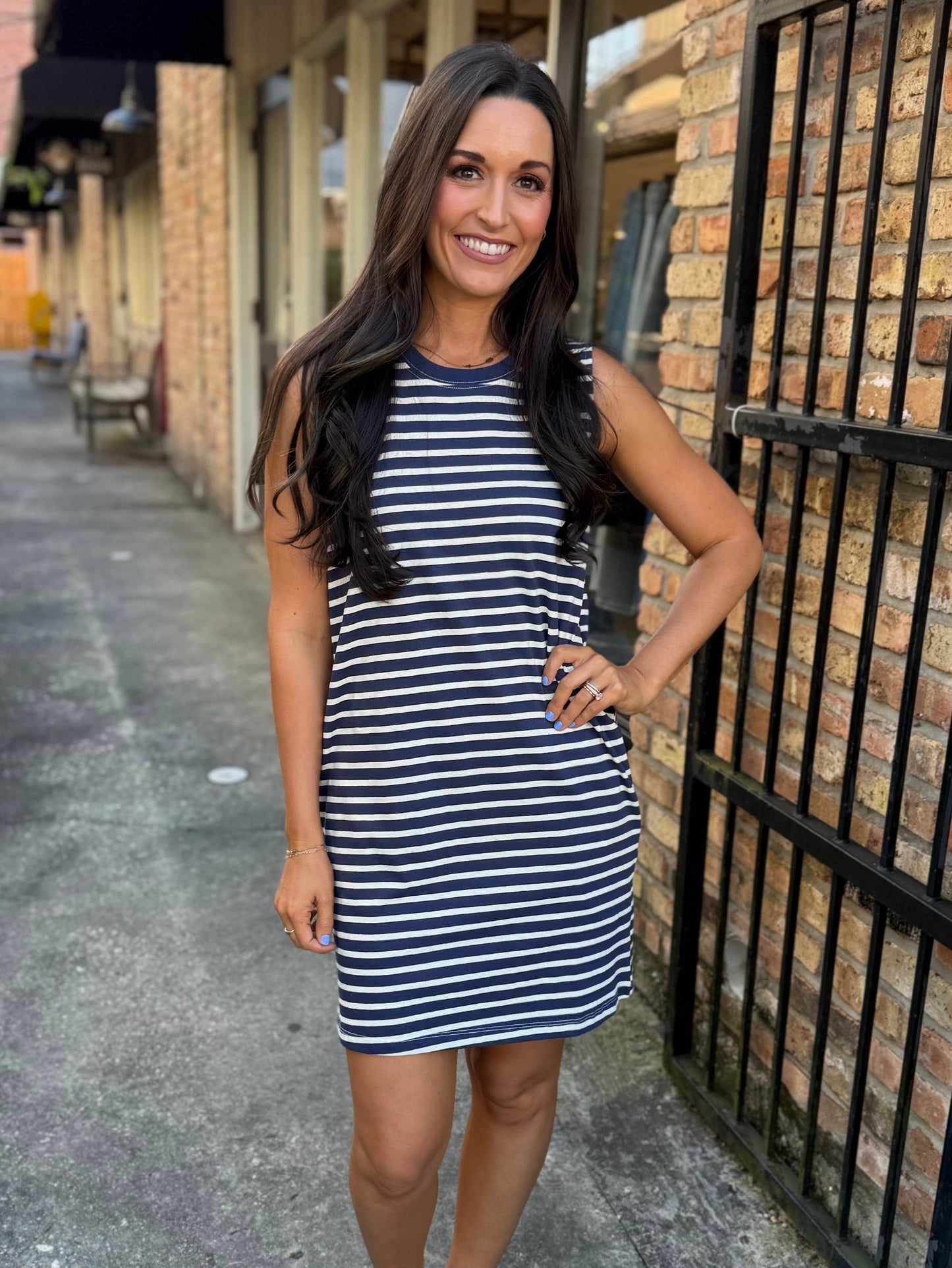 Piper Stripe Sleeveless Pocket Dress- Navy