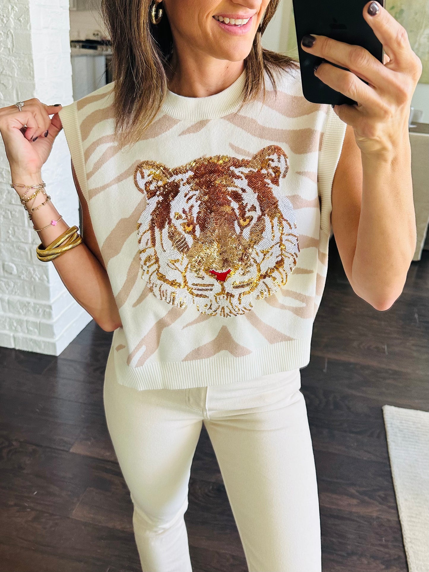 Tiger Print Tiger Head Vest- White & Tan