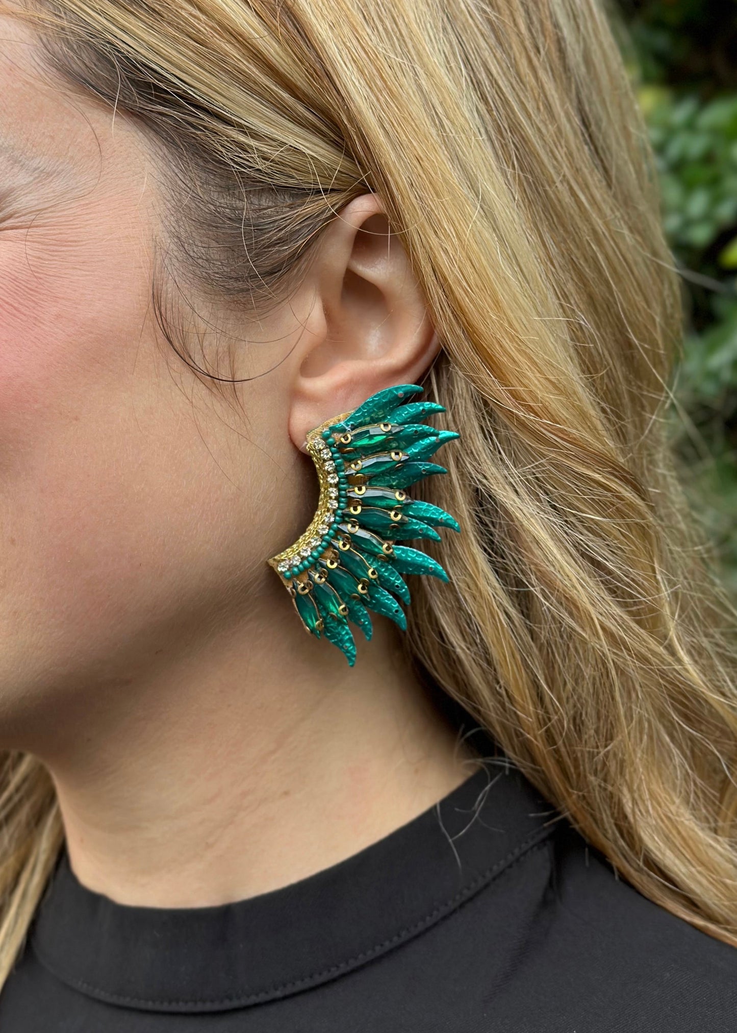 Sequin & Glass Wing Earrings- Green