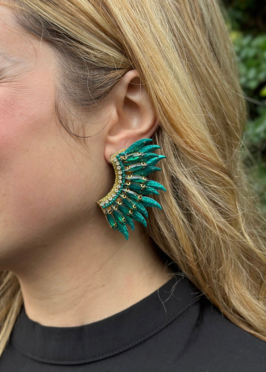 Sequin & Glass Wing Earrings- Green