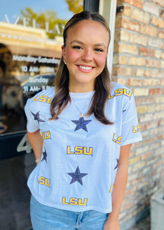 LSU All Over Sequin Boxy Tee- White