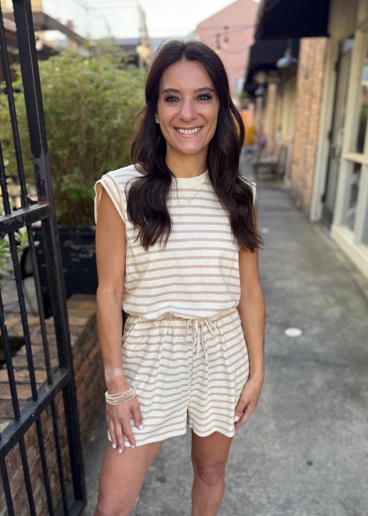 Luann Striped Drawstring Romper- Taupe