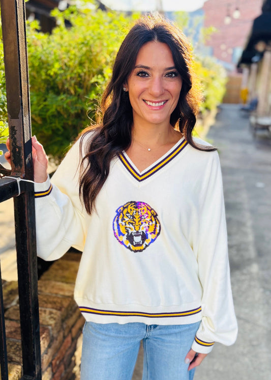 LSU V Neck Mascot Sweater- White