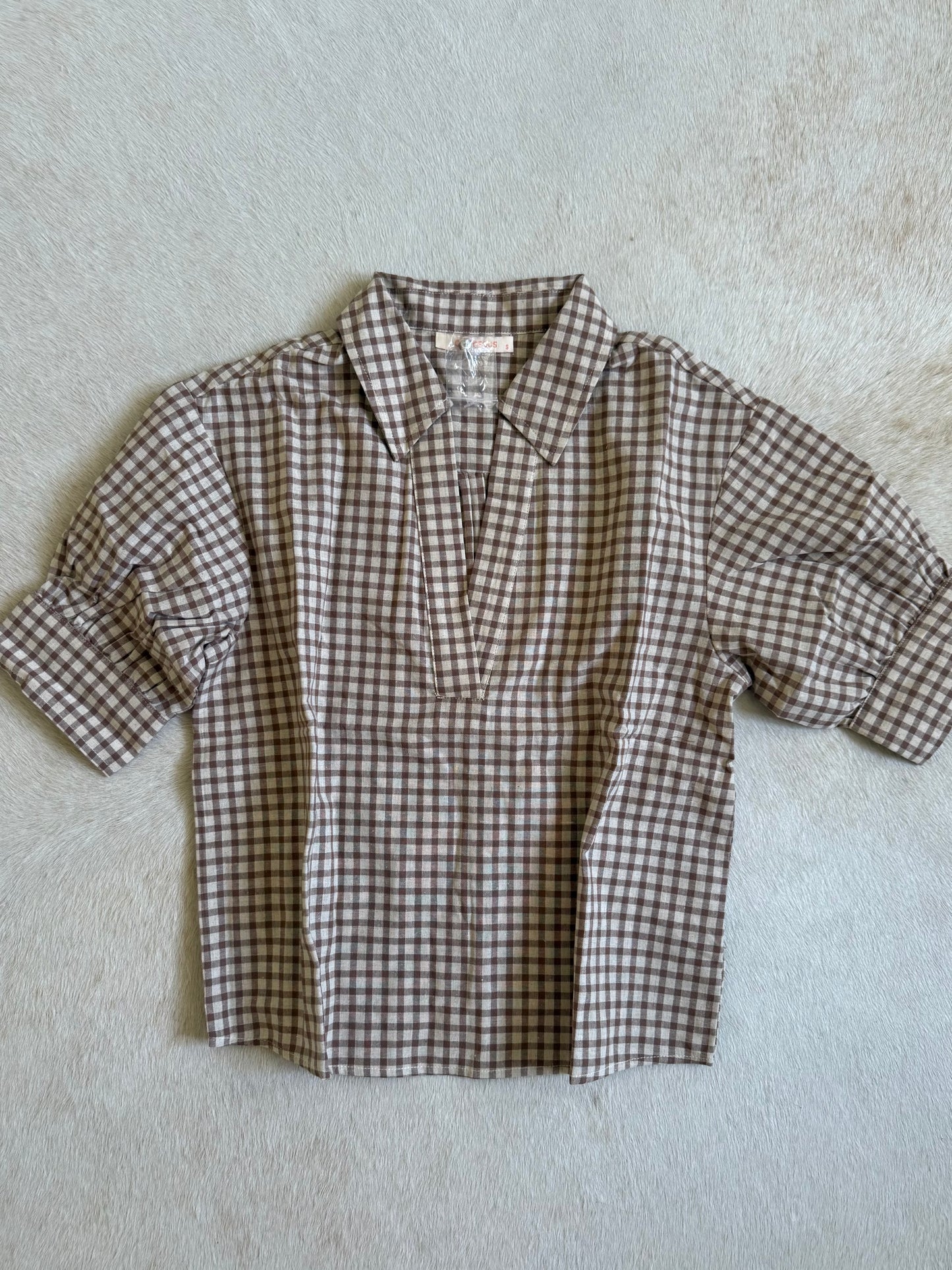 Johnny Gingham Top- Mocha Natural