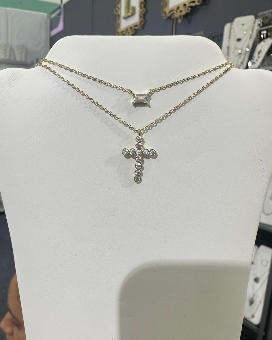 Double Baguette & Cross Necklace