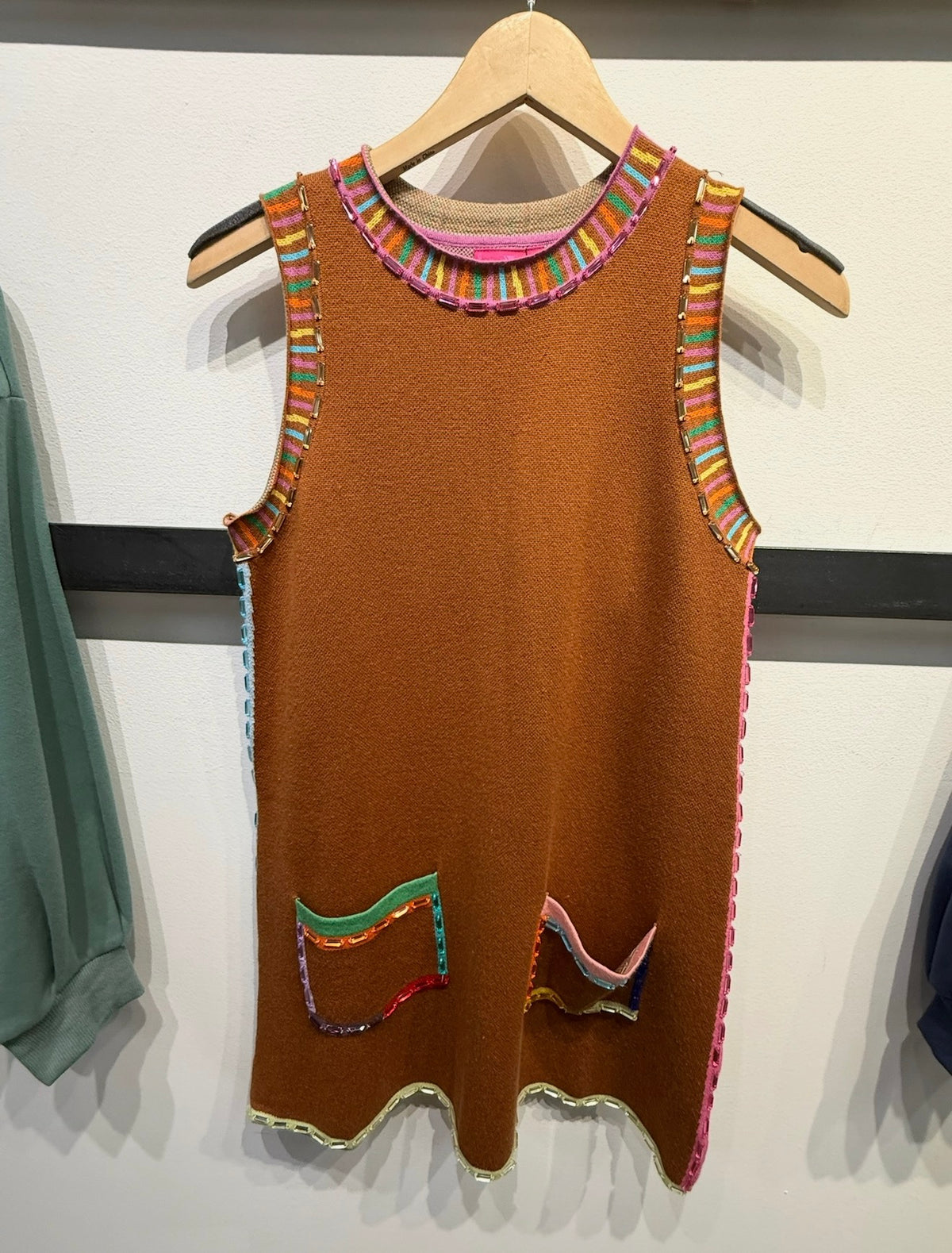 Queen Rainbow Rhinestone Trim Dress- Brown