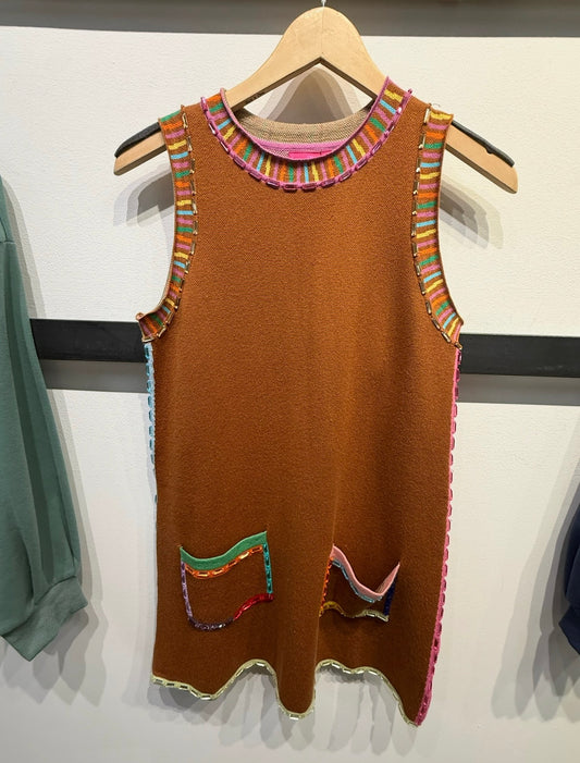 Queen Rainbow Rhinestone Trim Dress- Brown