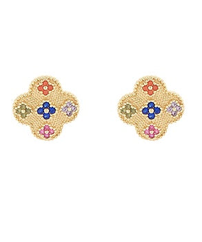 Clover Pave Stud Earrings- Gold Multi