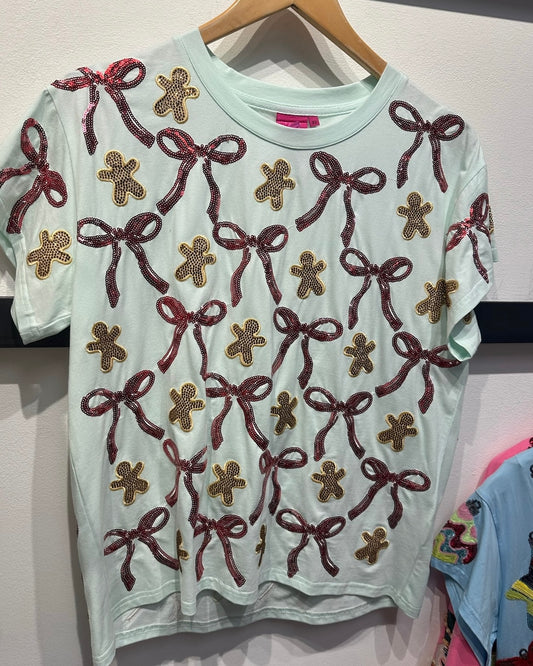 Gingerbread Men & Bows Tee- Pale Green