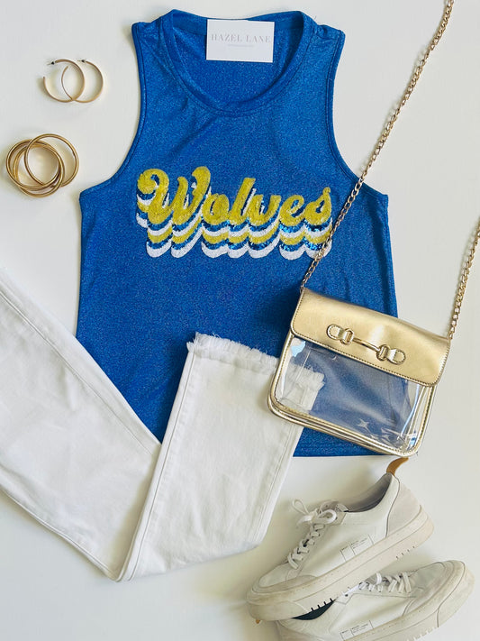 Wolves Script Glitter Tank- Blue