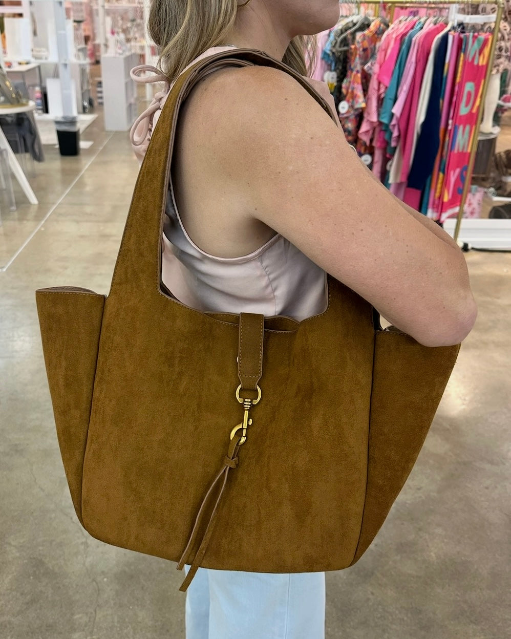 Beverly Suede Tote Bag-Cognac