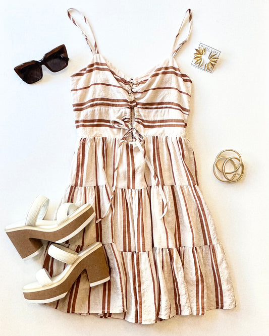Jaymes Striped Cut Out Dress- Cream/Camel