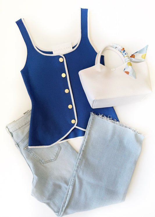 Dillon Vest Button Tank- Blue & White