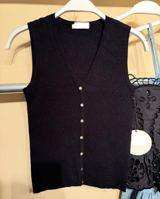 Shell Button Sweater Tank- Black