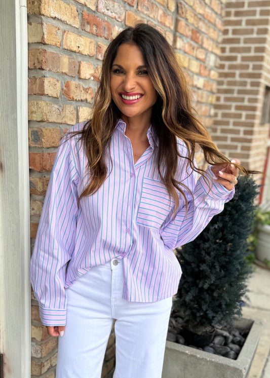 Vonn Button Down Top- Pink/Blue