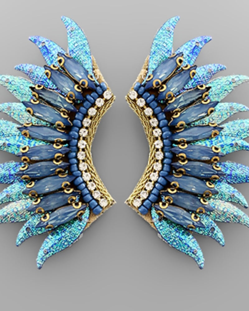 Sequin & Glass Wing Earrings- Blue