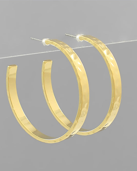 Flat Hammered Hoop Earrings- Gold