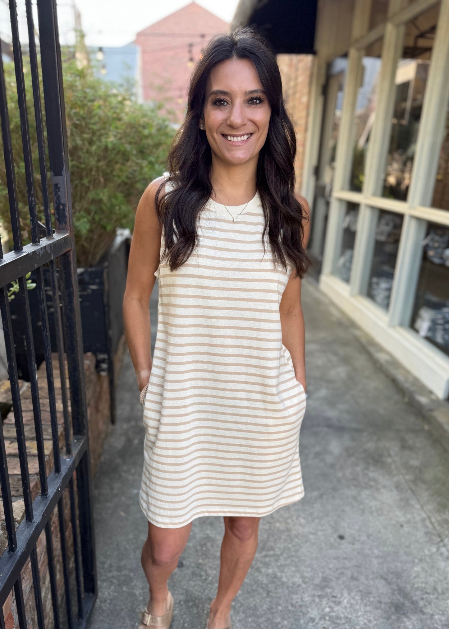 Piper Stripe Sleeveless Pocket Dress- Taupe