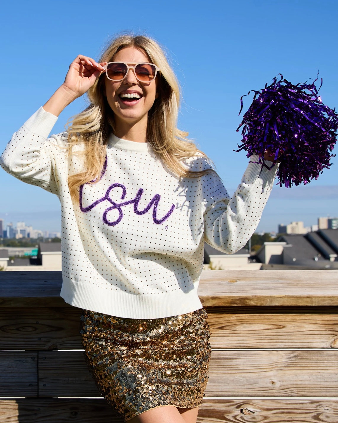 LSU Rhinestone Script Sweater