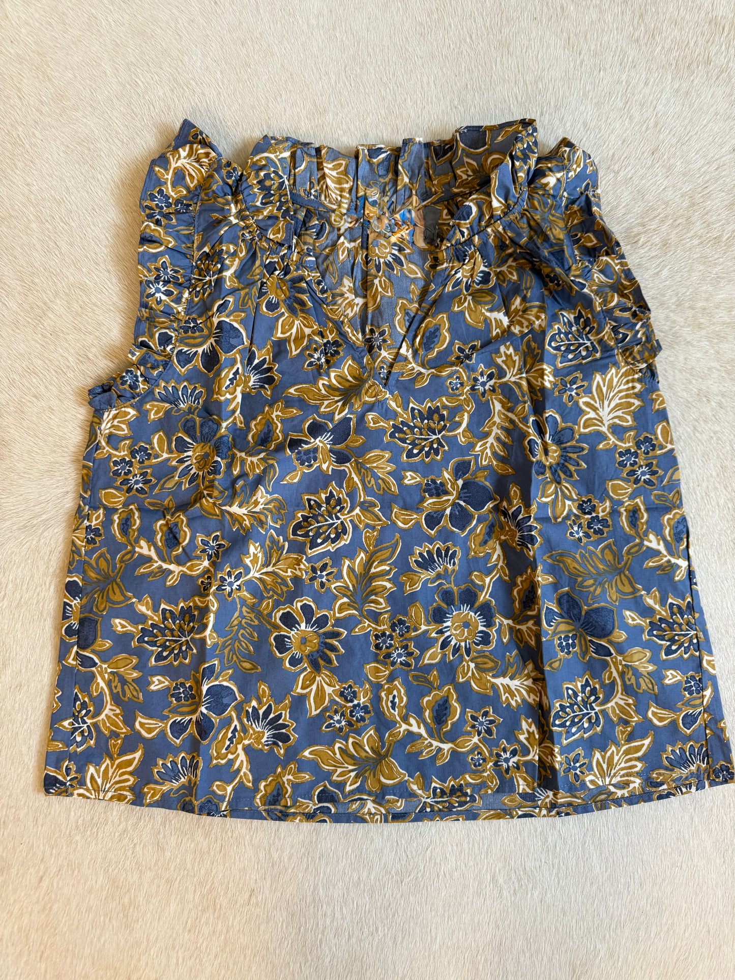 Dusty Indigo Floral Ruffle Top