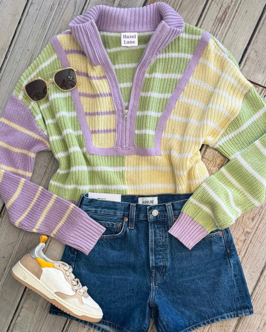 Benson Stripe 1/4 Zip Sweater- Pastel