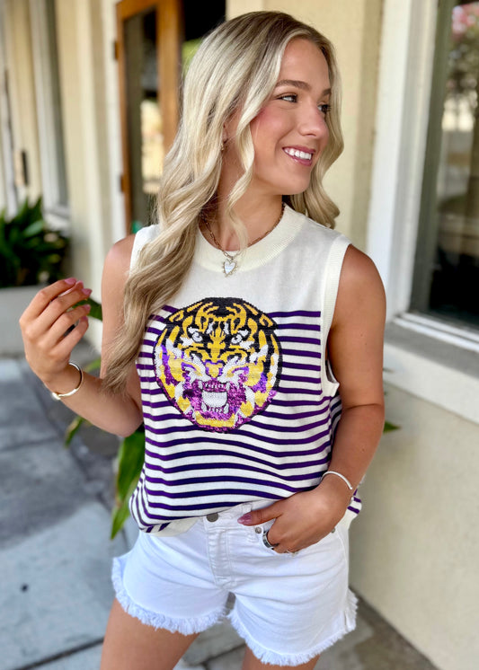 Queen LSU Mascot Striped Knit Tank