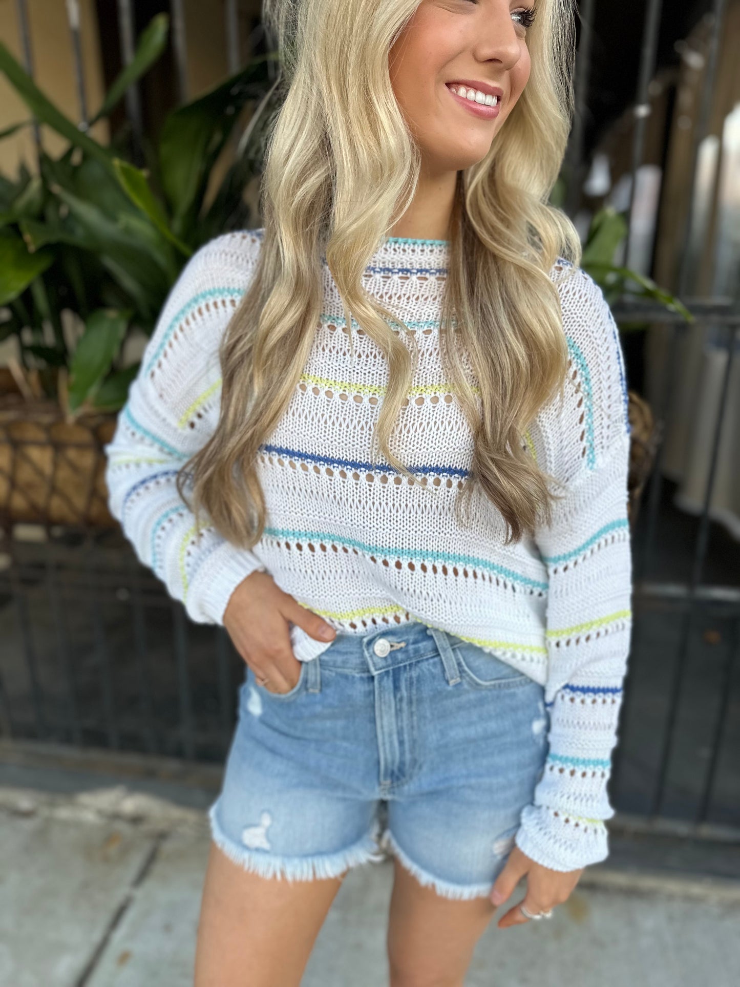 Pointelle Striped Sweater- White/Blue