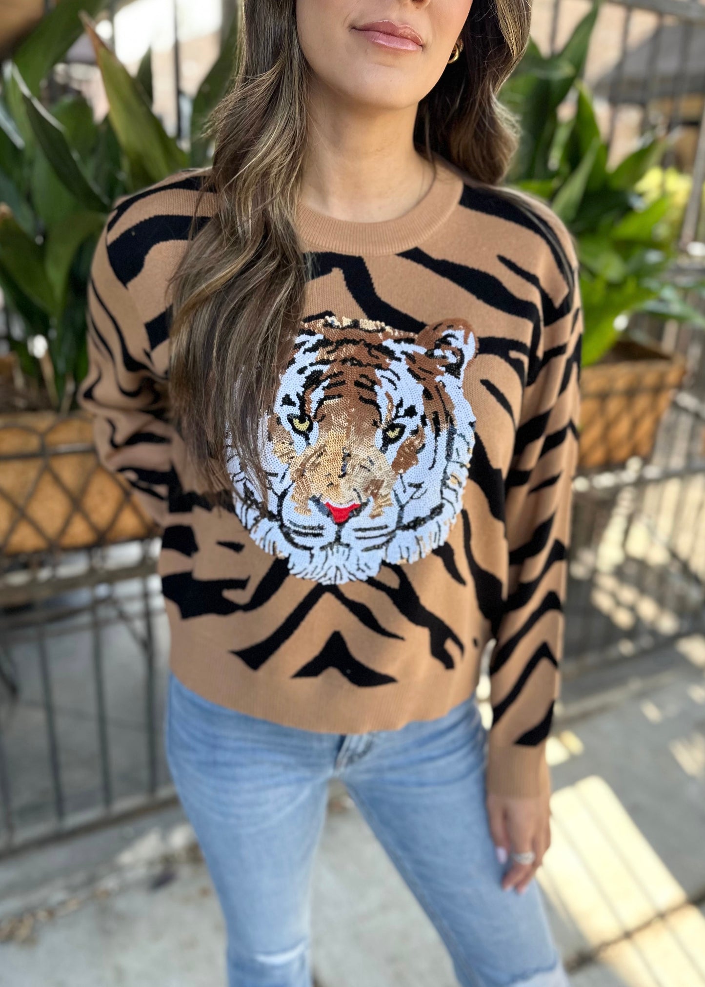 Tiger Print Tiger Head Sweater- Black