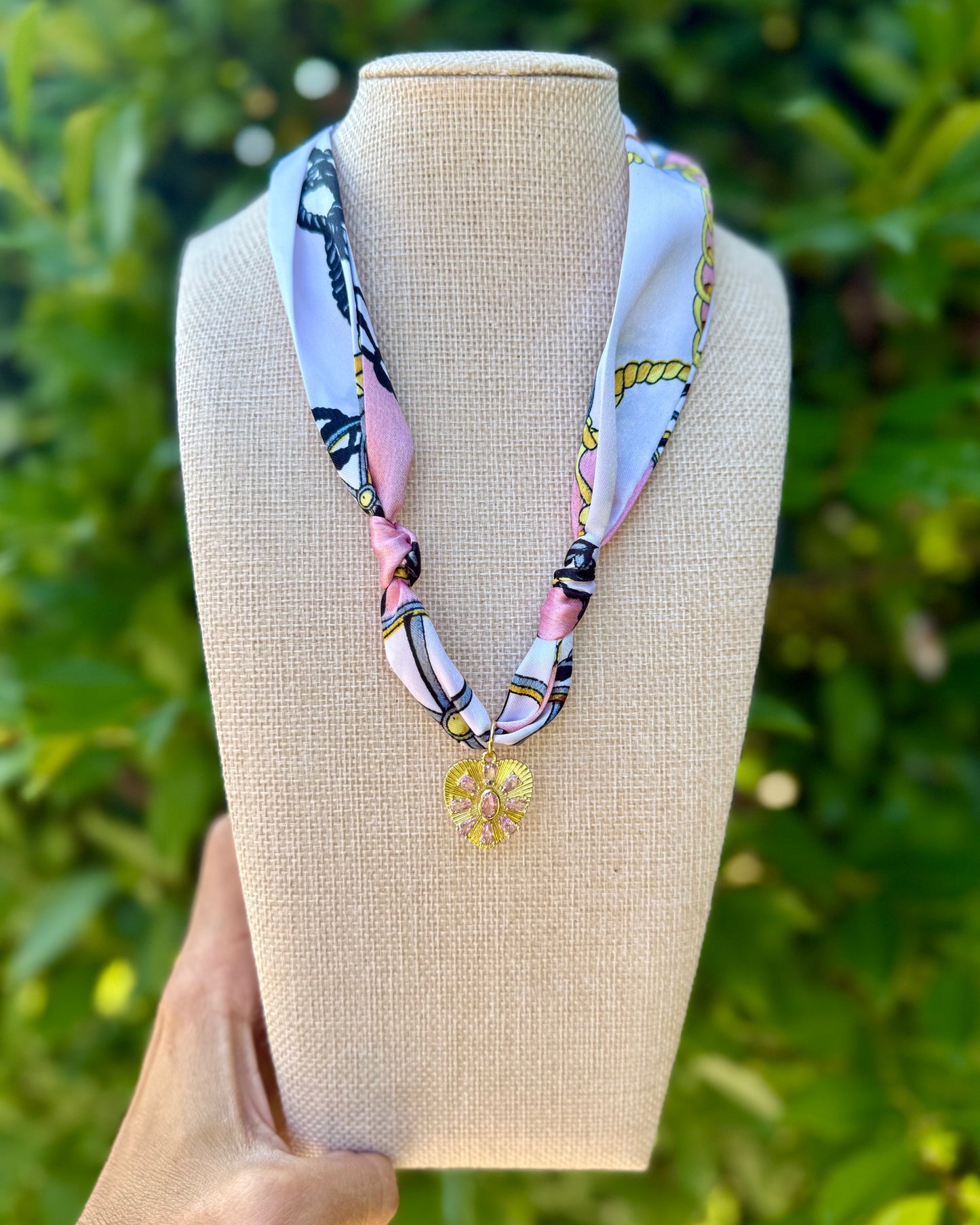 Scarf Necklace- Chain/Pink Stone Heart