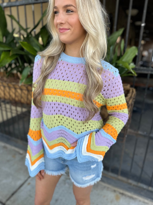 Suzie Scalloped Beach Sweater-Sky/Kiwi