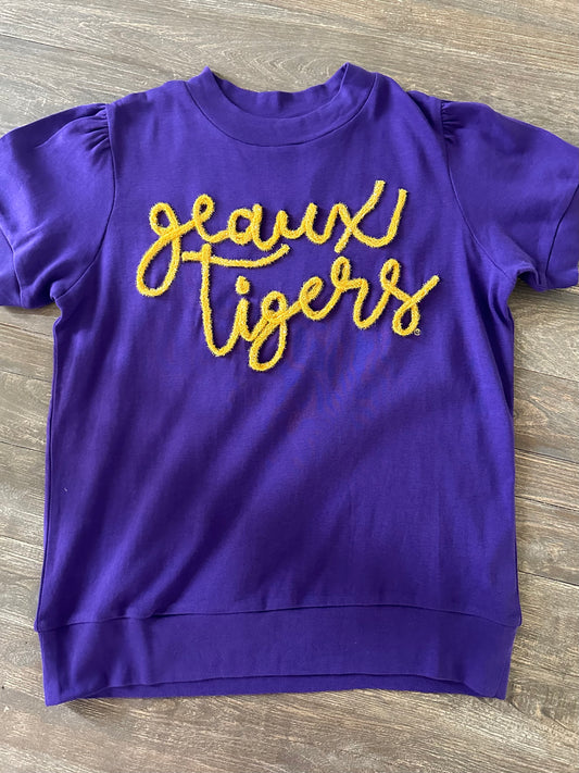 Geaux Tigers Glitter Script Top- Purple