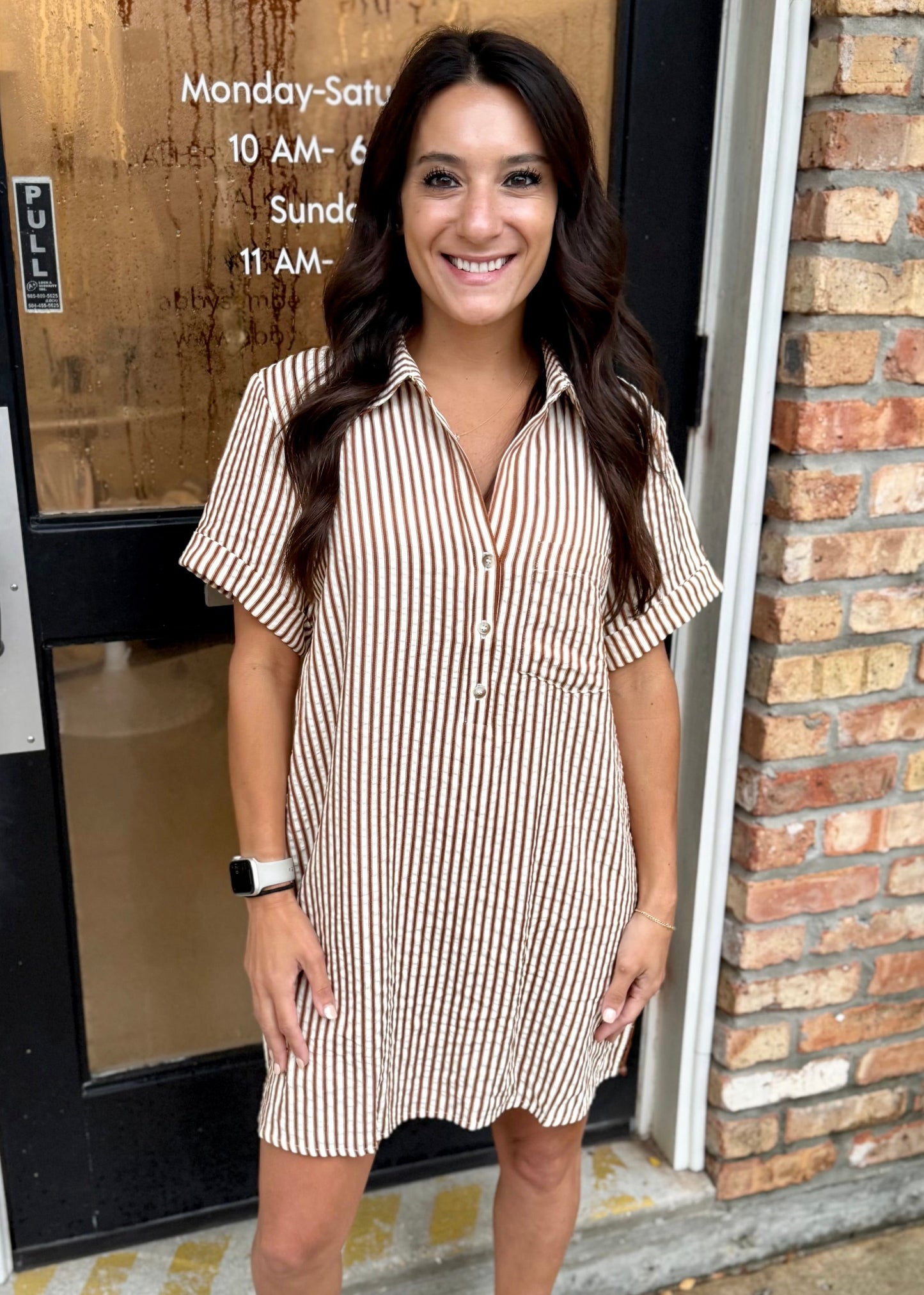 Day Striped Shirt Dress- Brown