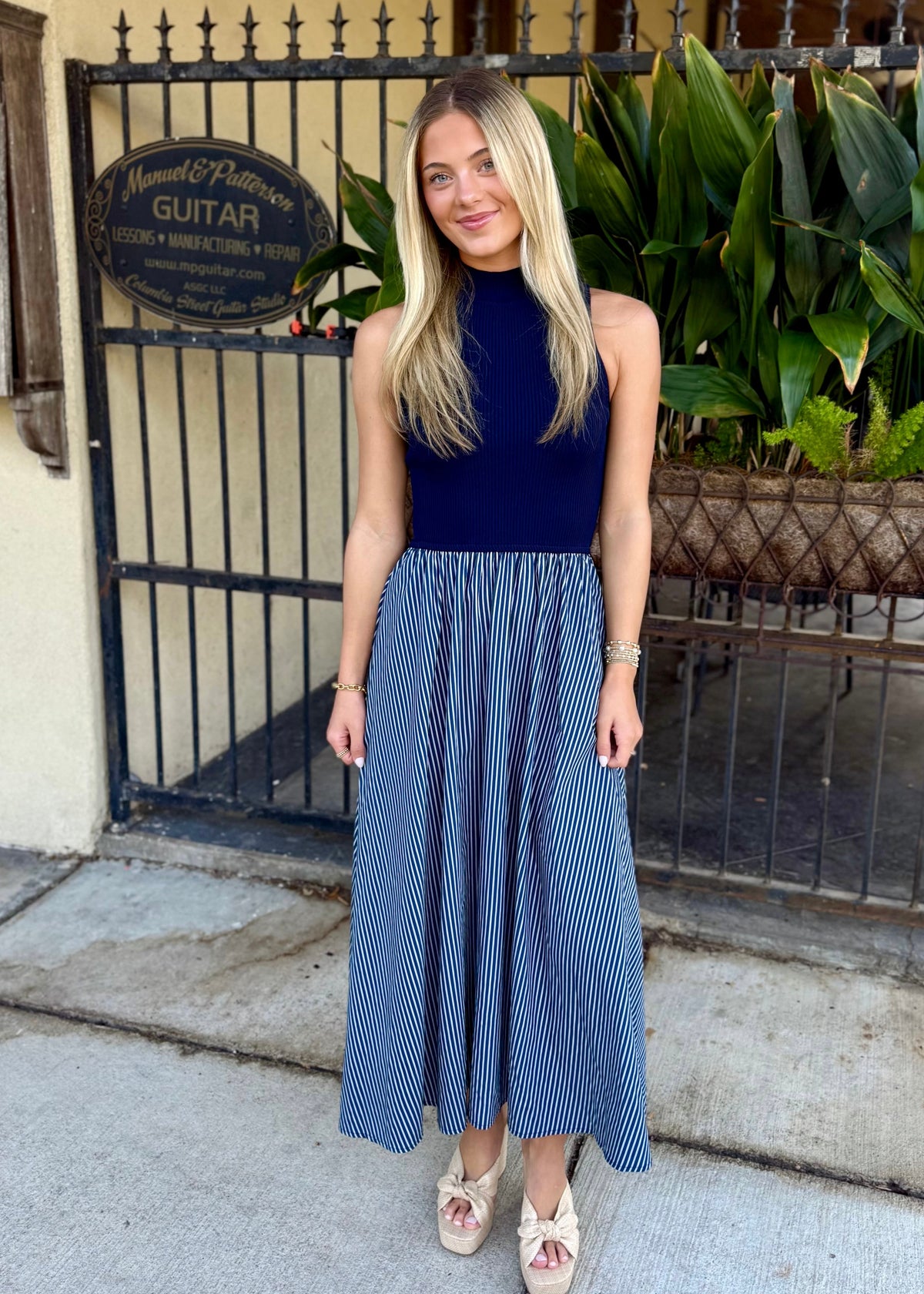 Hunter Maxi Mock Neck- Navy/White Stripe