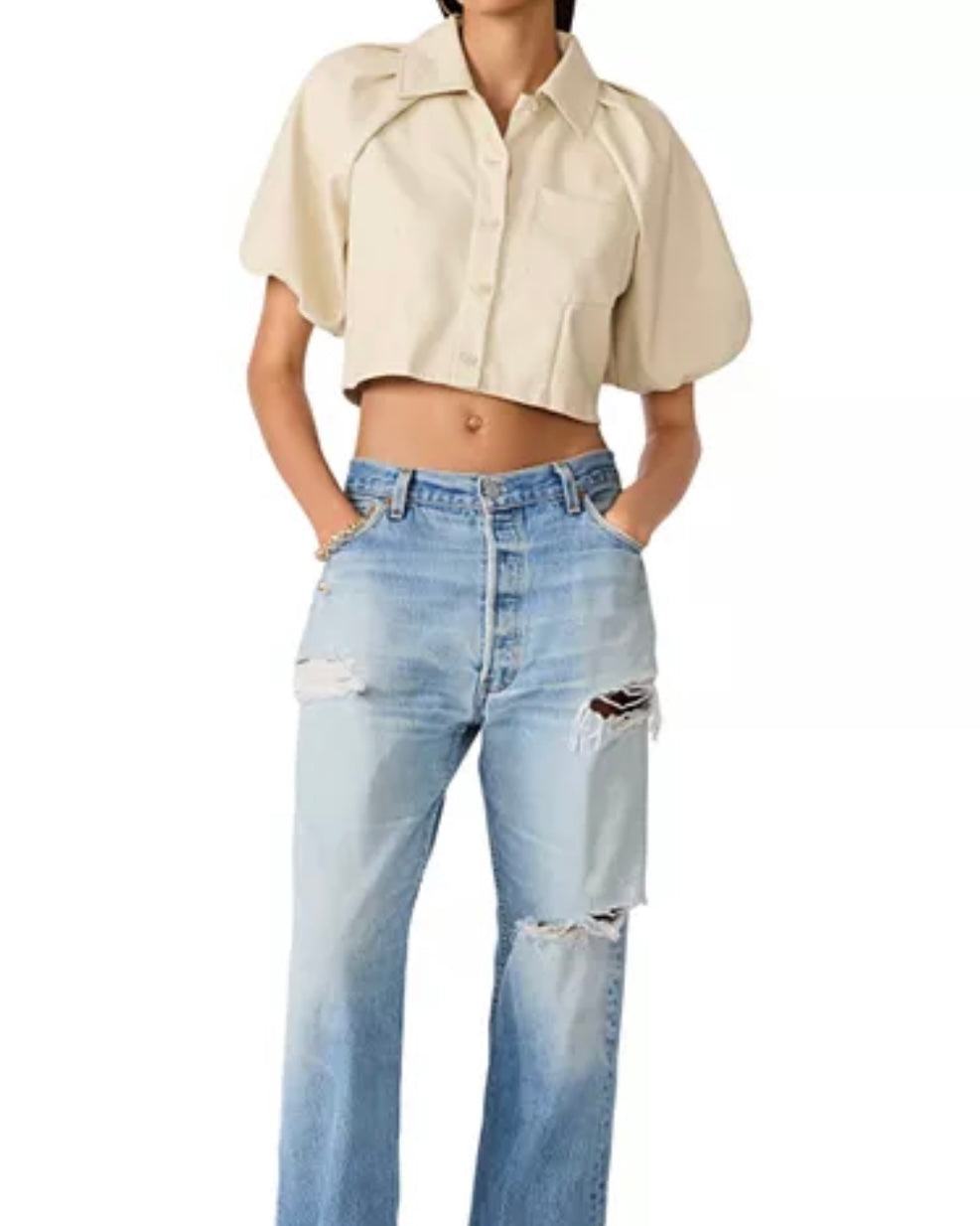 Reece Faux Leather Top- Bone