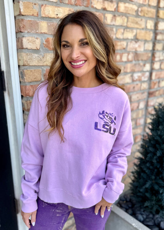 LSU Sequin Boxy Sweatshirt- Lavender
