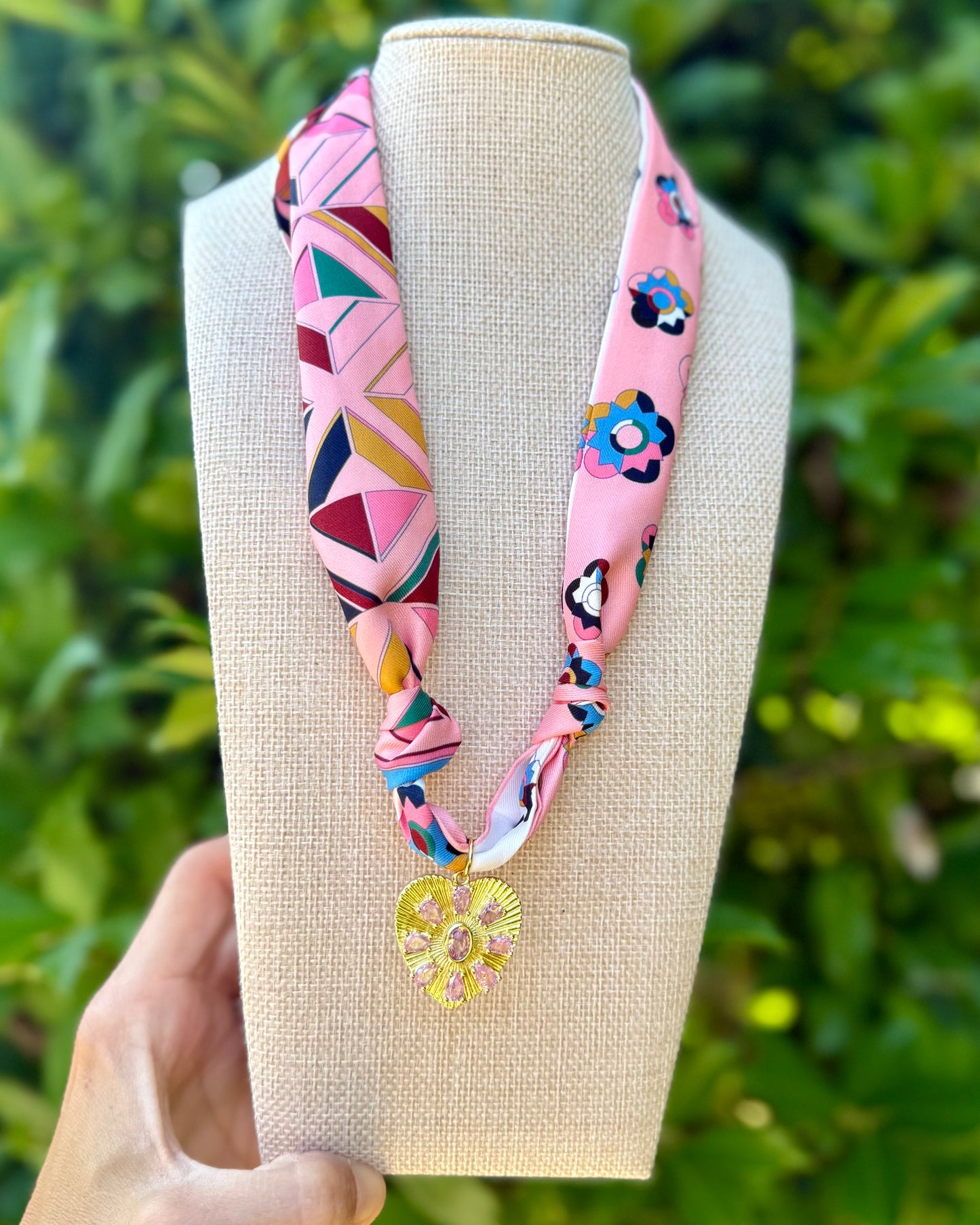 Scarf Necklace- Geo/Pink Heart