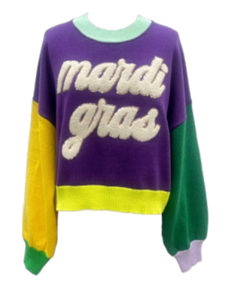 Mardi Gras Fuzzy Colorblock Sweater- Purple