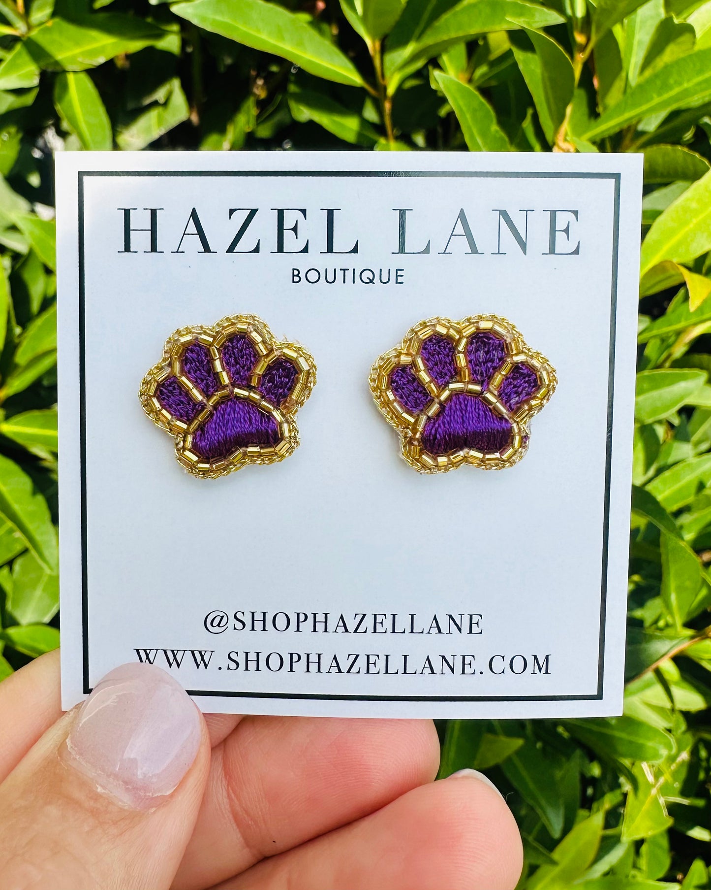 Mini Bead Paw Earrings- Purple & Gold