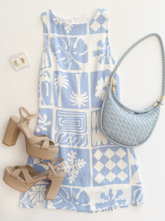 Tropical Dolmen Mini Dress- Blue