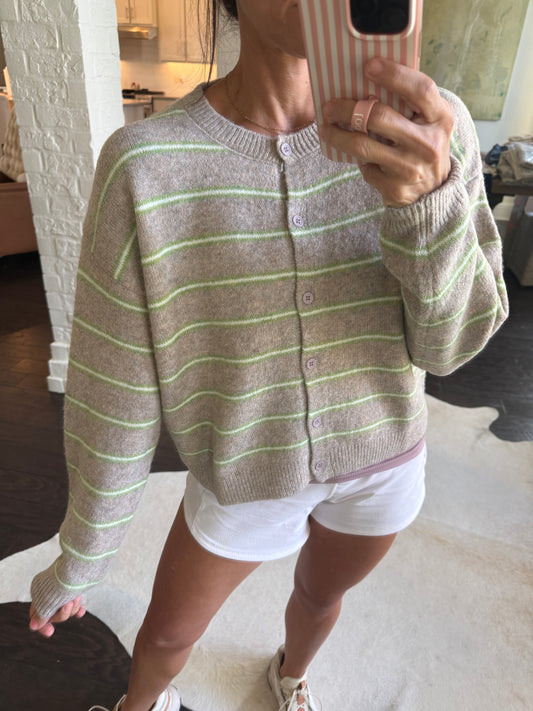 Sadie Striped Knit Cardigan- Oatmeal/Macha