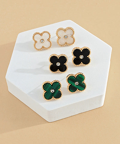 Stone Clover Stud Earrings- Black