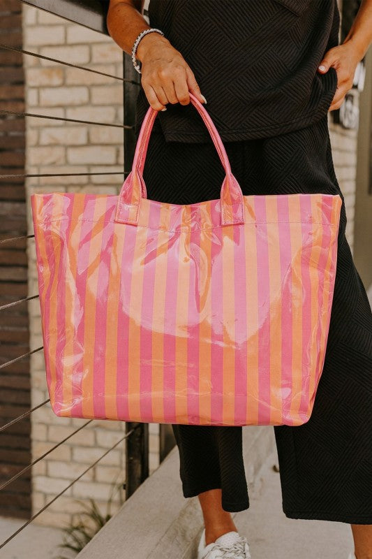 Glossy Striped Tote Bag- Orange/Pink