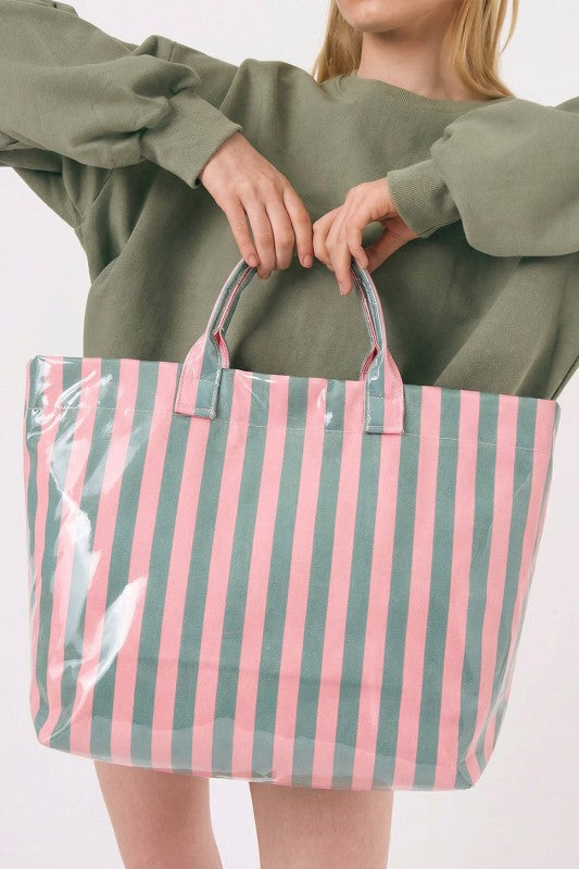 Glossy Striped Tote Bag- Pink/Green