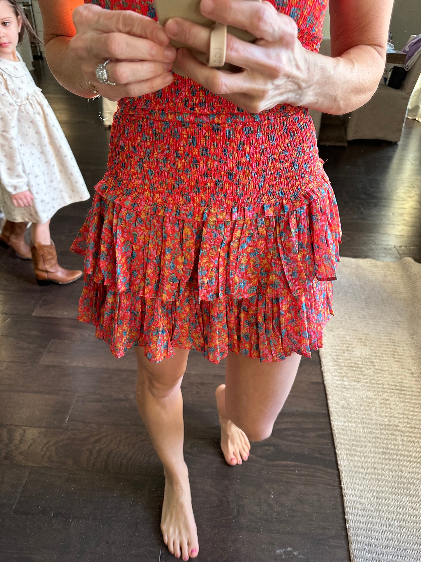 Gabby Floral Smocked Skirt- Red Floral