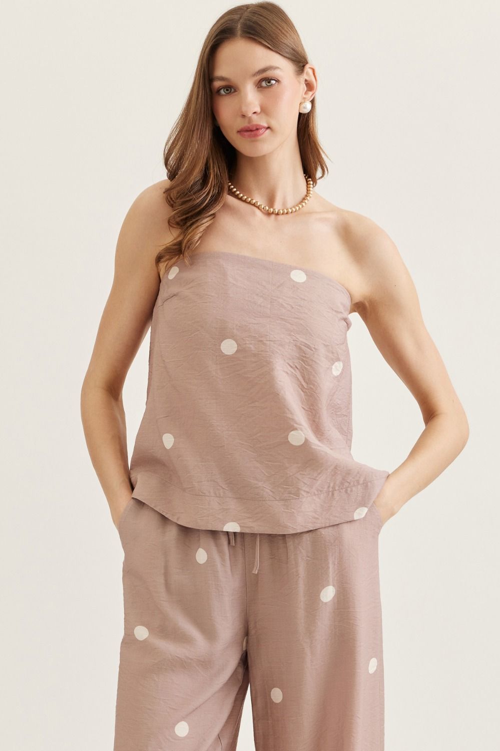 Polka Dot Strapless Top- Mocha