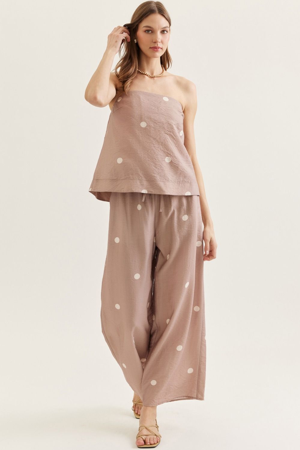 Polka Dot Strapless Top- Mocha