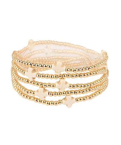 Jasmine 5 Row Cross Bracelets- White/Gold