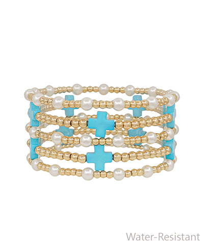 Greyson 5 Row Cross & Pearl Bracelets- Turquoise