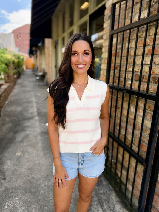 Collared Striped Polo Vest- Pink/Ivory
