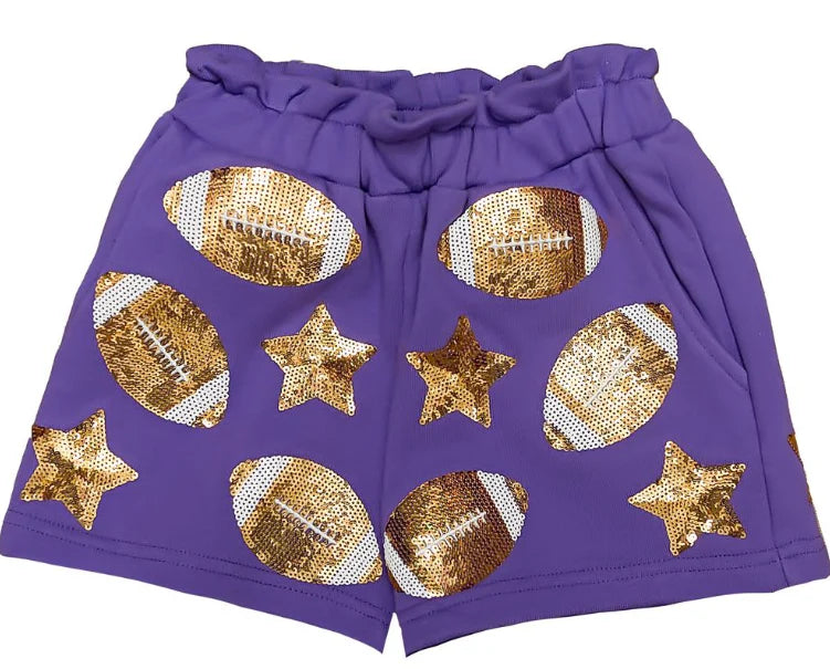 Scattered Football & Stars Shorts- Purple